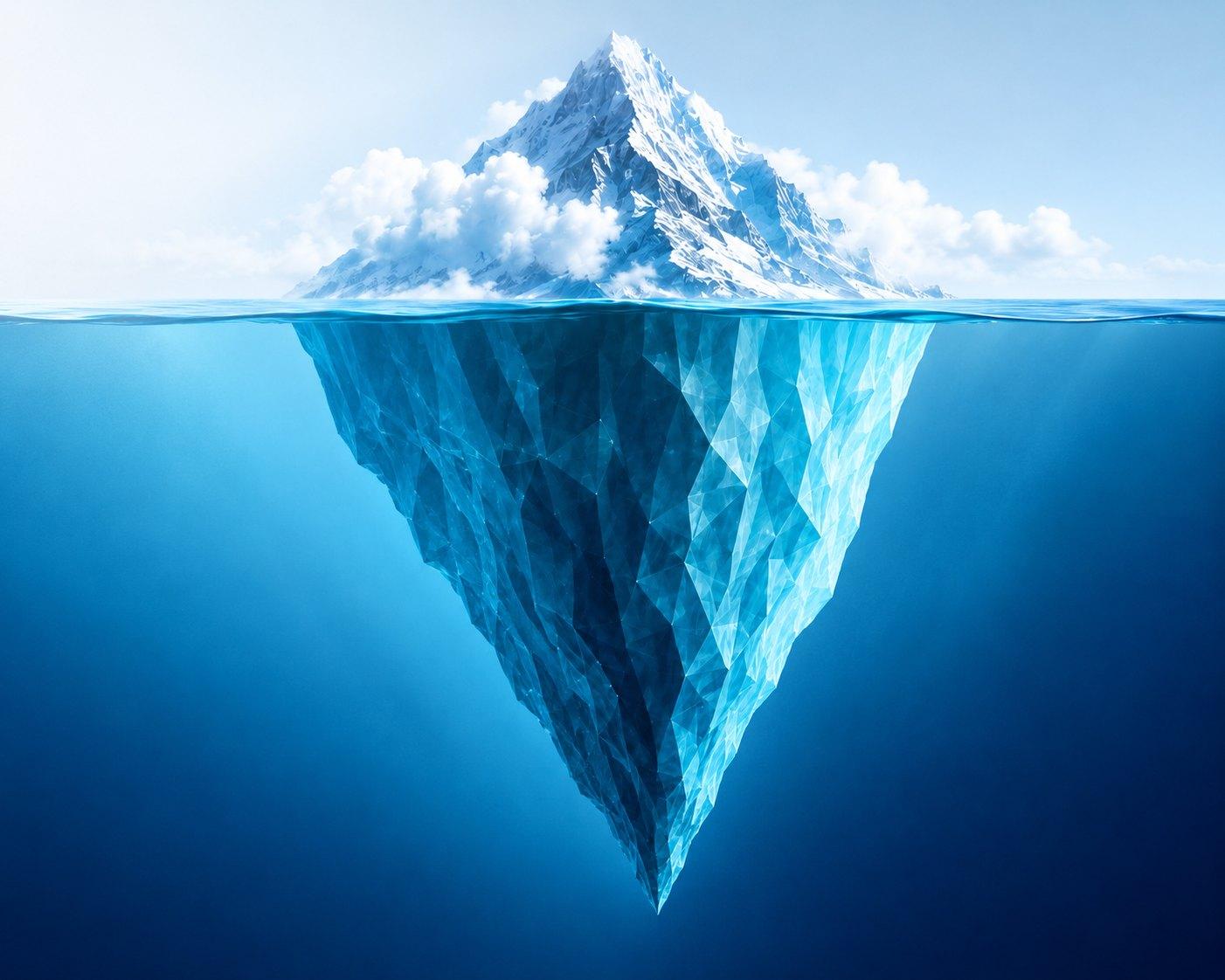 Iceberg: una parte visible sobre el agua y una masa mucho mayor sumergida.